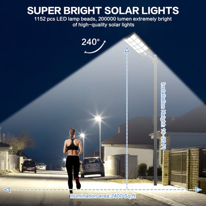 1600W BMW-Style Solar Street Light – 1152 LEDs, 30W Panel, 16-24H Runtime, 360㎡ Coverage