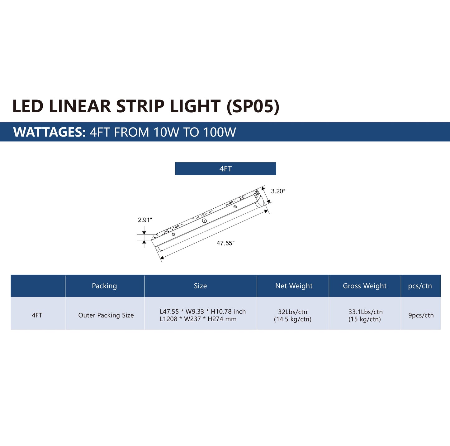 SP05 4FT Linear Strip Light – High-Efficiency & Selectable Wattage (10W-100W) for Commercial & Industrial Use