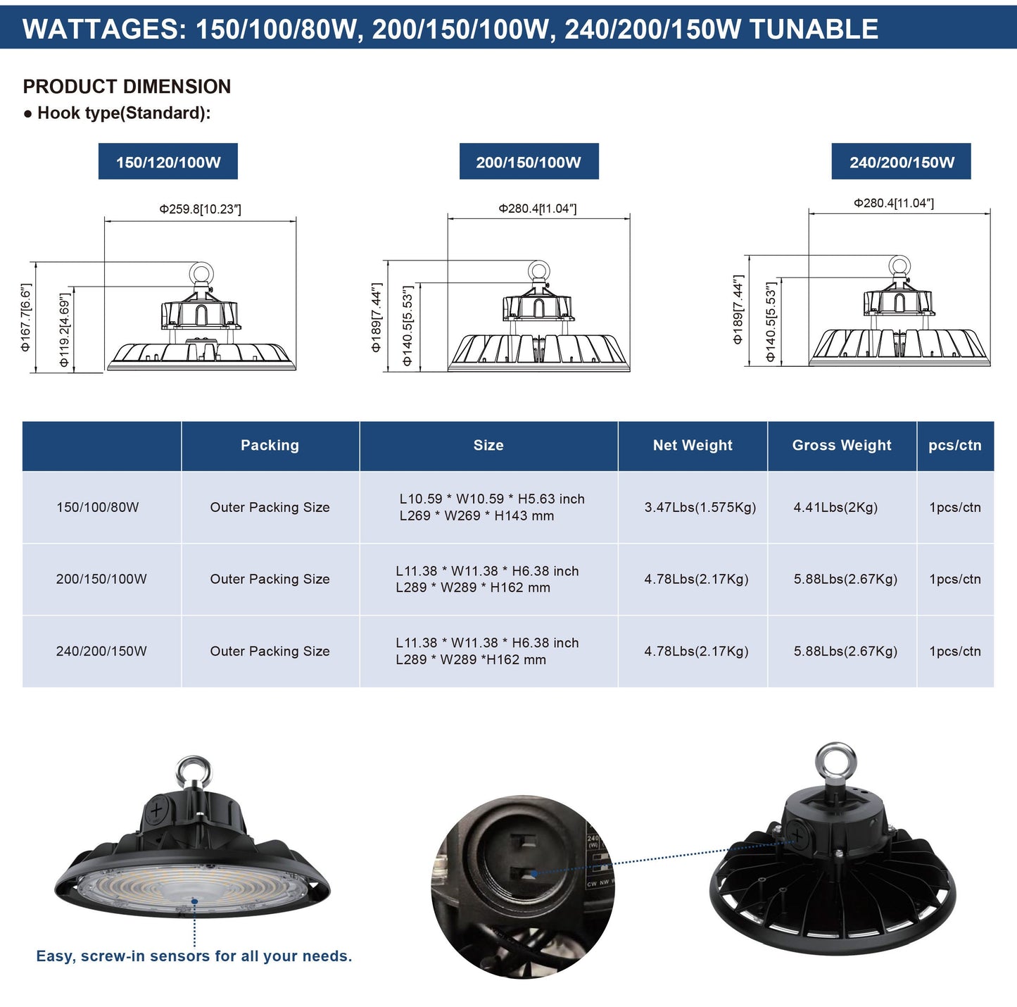 150W/100W/80W Tunable CCT High Bay LED Light for Warehouses & Industrial Use